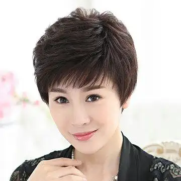 时尚女士中老年假发女短发中年妈妈短卷发真发假发斜刘海整顶假发