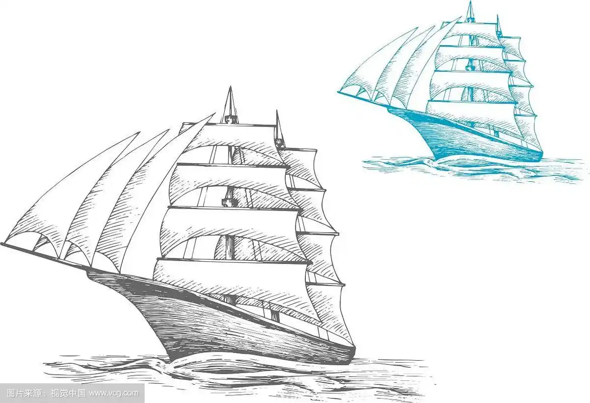 海上风帆下的帆船素描形象
