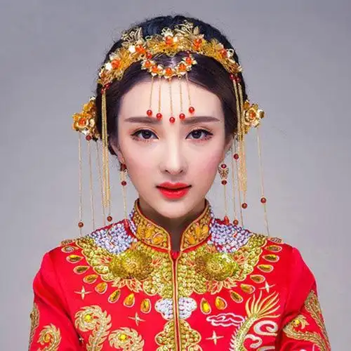 中式汉服新娘头饰套装流苏龙凤褂古风发饰结婚红色古装秀禾服凤冠