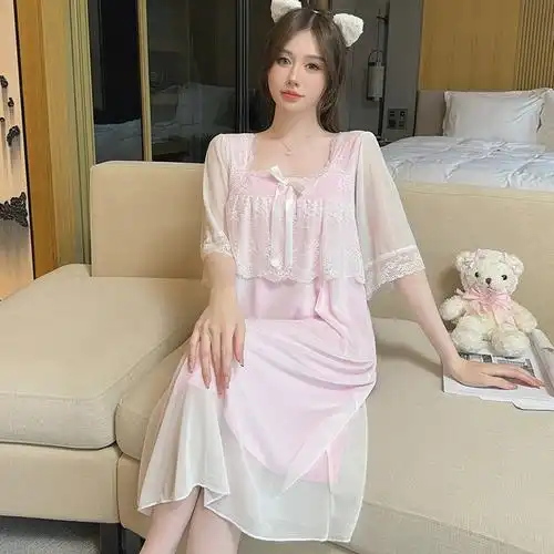 春夏季法式甜美宫廷性感抹胸人棉睡衣女神网纱睡裙可外穿家居服