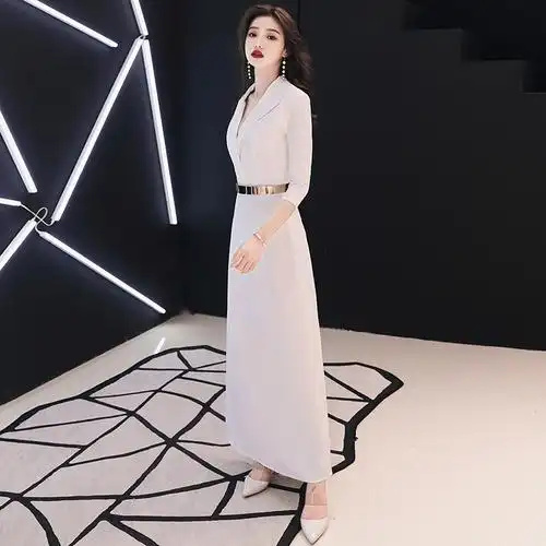 晚礼服裙女2019新款白色高端大气主持人优雅简单大方宴会年会气质