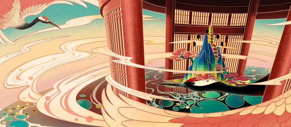 新国风仙鹤山水插画