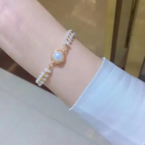 手工编织天然淡水珍珠手链女ins小众14k注金绕线金珠双层珍珠手饰