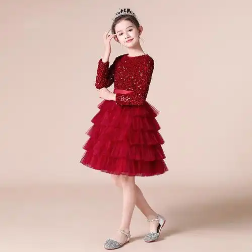 欧美儿童生日礼服长袖主持人比赛公主蓬蓬纱裙速卖通跨境女童礼服