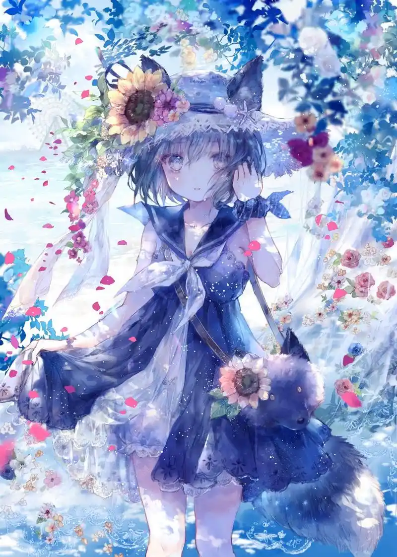 二次元 少女 萝莉 短发 蓝色系 向日葵 水手服领 唯美 p站画师:おにね