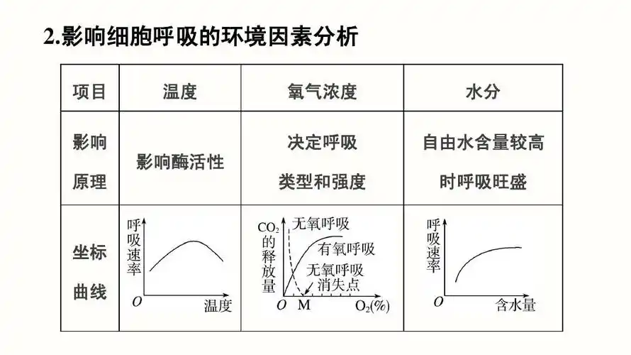影响细胞呼吸的环境因素分析 项目 温度 氧气浓度 水分 影响 影响酶