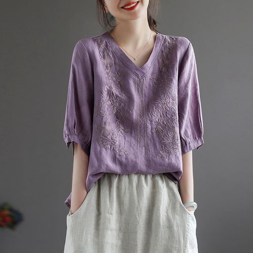复古刺绣棉麻五分袖t恤女夏薄款宽松v领显瘦休闲麻料小衫短袖上衣