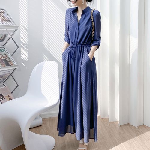 藏青色雪纺连衣长裙女夏超长款 及踝淑女风ol气质连衣裙收腰显瘦