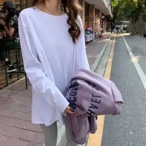 官图~秋冬新款宽松中长款纯长袖t恤女叠穿白色内搭打底衫上衣图片