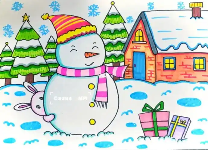 儿童画冬天下雪了堆可爱雪人圣诞礼物圣诞树