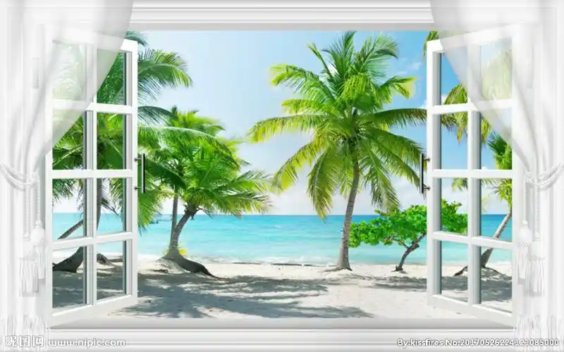 3d立体假窗海边沙滩椰树风景图片