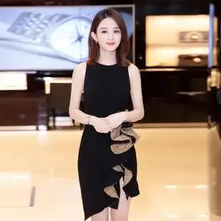 明星同款2018秋新款女赵丽颖修身拼接不规则背心显瘦连衣裙64376