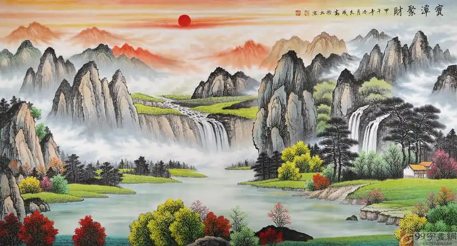 宁良成六尺风水画《宝潭聚财》聚宝盆山水画 - 聚宝盆山水画 - 99字画