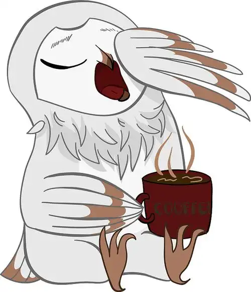 早上睡觉的白色猫头鹰,喝着热咖啡图片