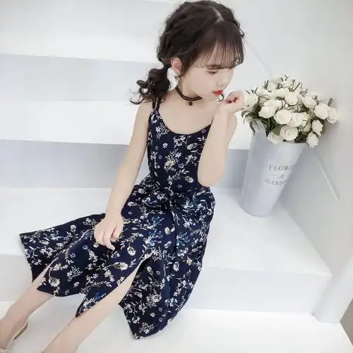 女童连衣裙小女孩碎花雪纺吊带裙幼儿园小学生夏天薄款长款裙子