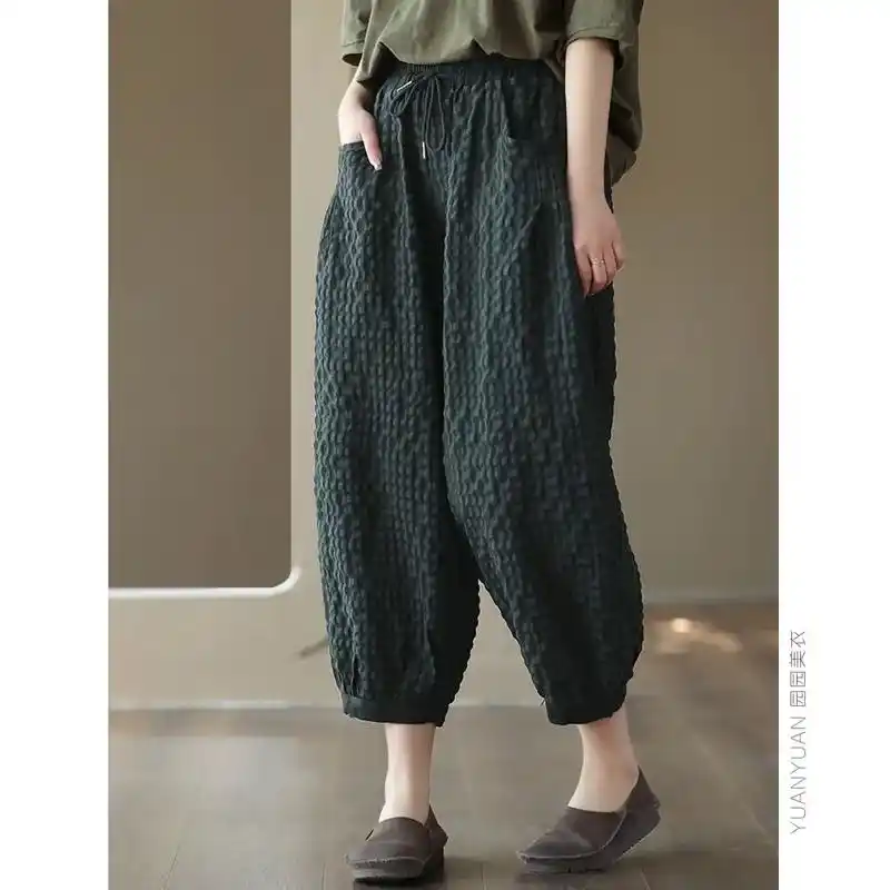 文艺色织棉麻休闲裤女胖妈妈复古格子裤显瘦.30 或将近30的 - 抖音