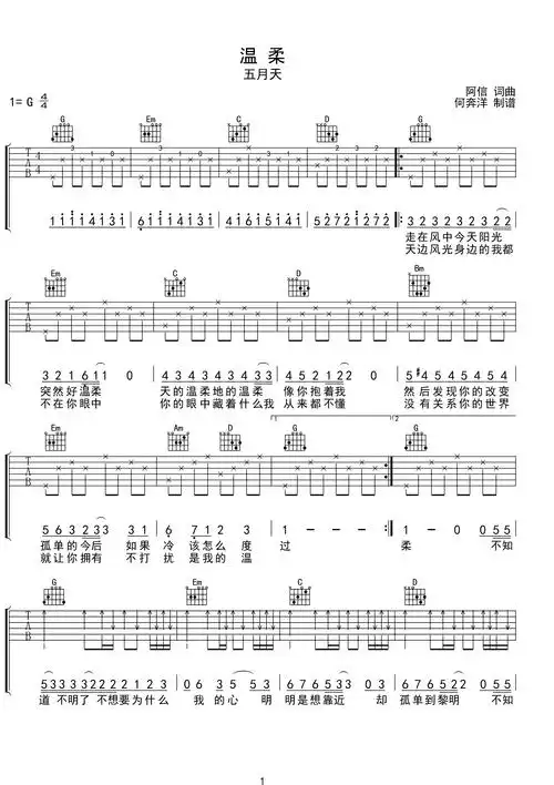 五月天《温柔》g调原版吉他谱g调六线吉他谱-虫虫吉他谱免费下载