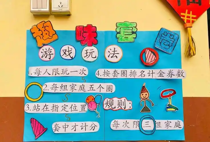 中二班:趣味套圈 每组家庭发5～6个圈,在规定的线上投掷圈,套中数量