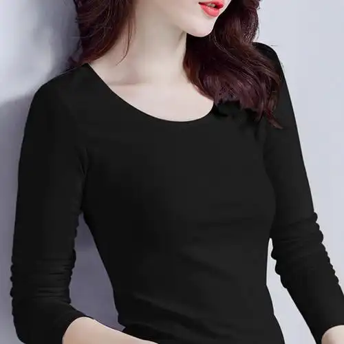纯棉黑色打底衫女长袖薄款t恤2024秋冬内搭秋衣加绒加厚保暖上衣