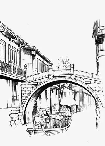 手绘素描风江南水乡