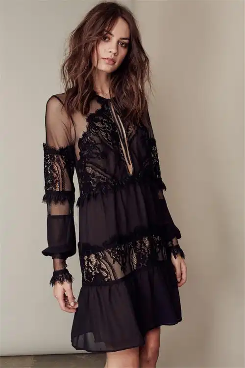 美国代购for love & lemons2016新款 黑色蕾丝镂空长款连衣裙