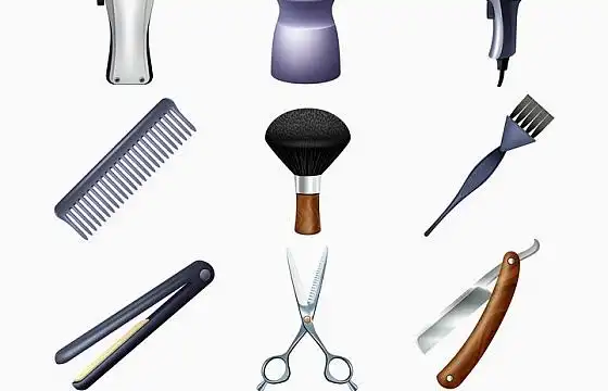 9款刷子花柱剪刀电吹风梳子剃刀电推子等理发店美发店用品图片免抠