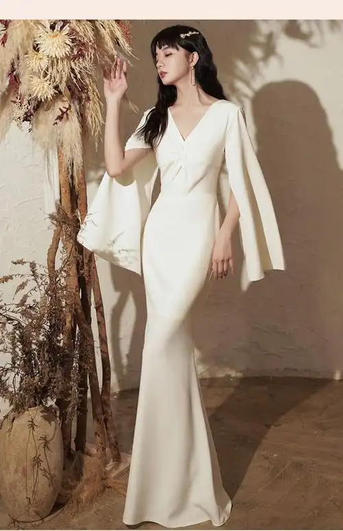 法国lemond tajoes白色晚礼服女名媛高贵宴会气质长款鱼尾主持人-淘宝