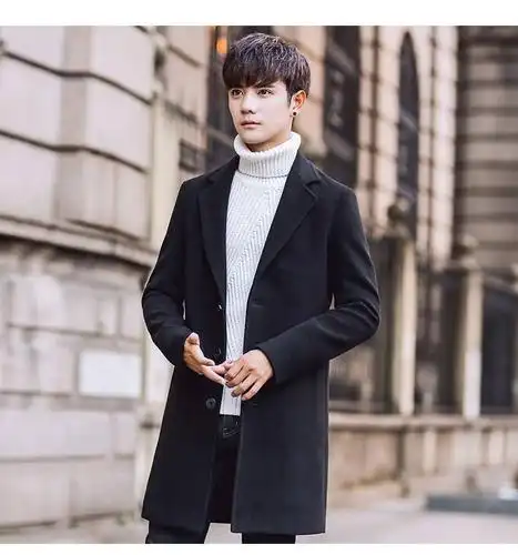 汤河之家休闲男装2018秋冬新款男士毛呢大衣修身潮流中长款风衣外套