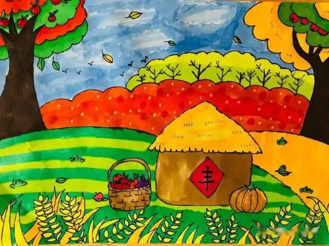 此次绘画以"丰收的秋天为主题,老师们采用了粘贴画,水彩画,水粉画等