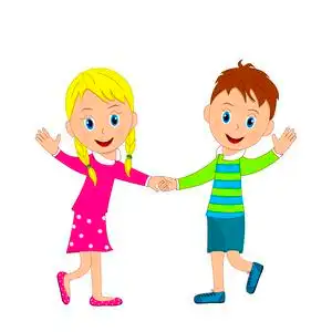 男孩女孩手牵手可爱的男孩和女孩微笑着,手牵手,挥舞着照片