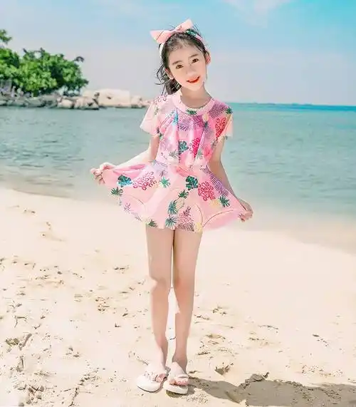 儿童游泳衣女童夏中大童分体2021年可爱小公主裙学生女孩泳装 粉红色