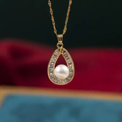 中国风天然珍珠项链 水滴吊坠微镶春夏新款镀18k真金国潮古风项饰