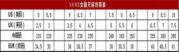 vans万斯鞋子尺码对照表
