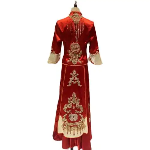 新款重工秀禾服新娘结婚礼服凤凰拼色大摆秋冬季