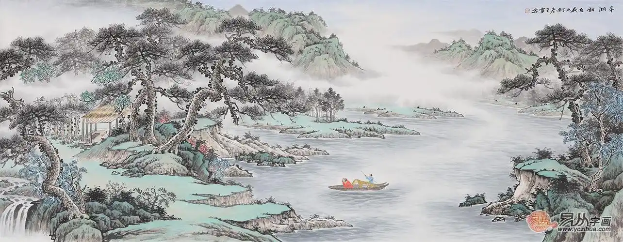 这幅水墨清新淡雅山水画作品是中美协画家王宁老师的仿古六尺横幅作品