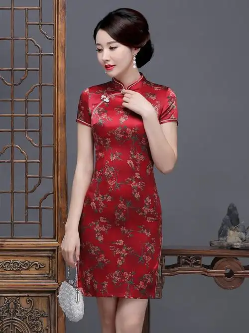 真丝妈妈装短款真丝旗袍连衣裙桑蚕丝短袖修身中式复古旗袍礼服红色l