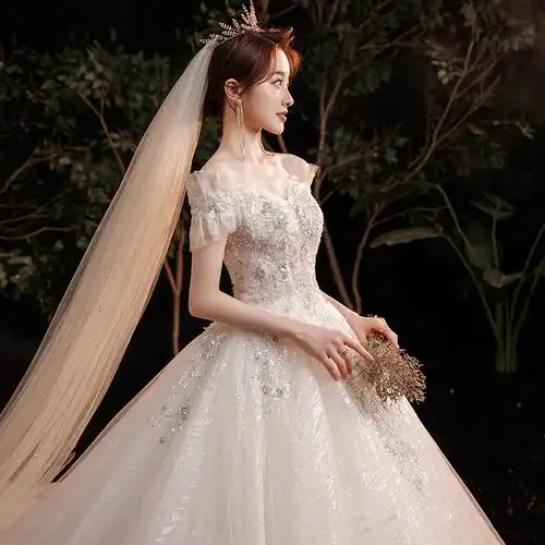 显瘦星空法式重工外贸一字肩新娘婚纱2021新款气质拖尾森系梦幻