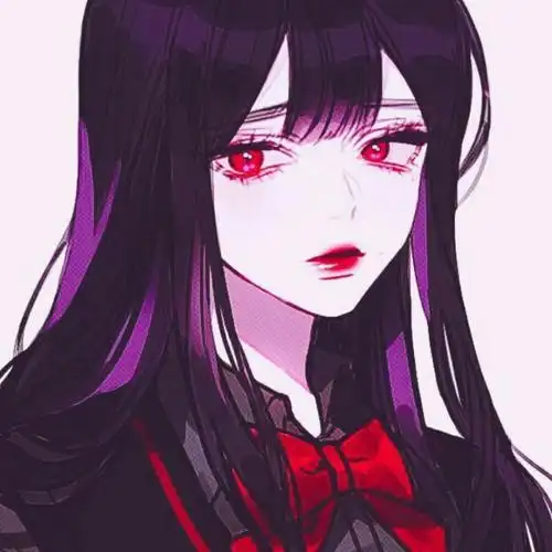 动漫女头烈焰红唇红瞳黑长直冷艳校服色调紫