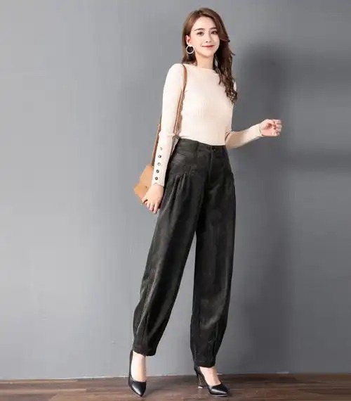 灯芯绒女裤韩版哈伦萝卜裤秋冬高腰大码裤子女宽松显瘦条绒灯笼裤 玫