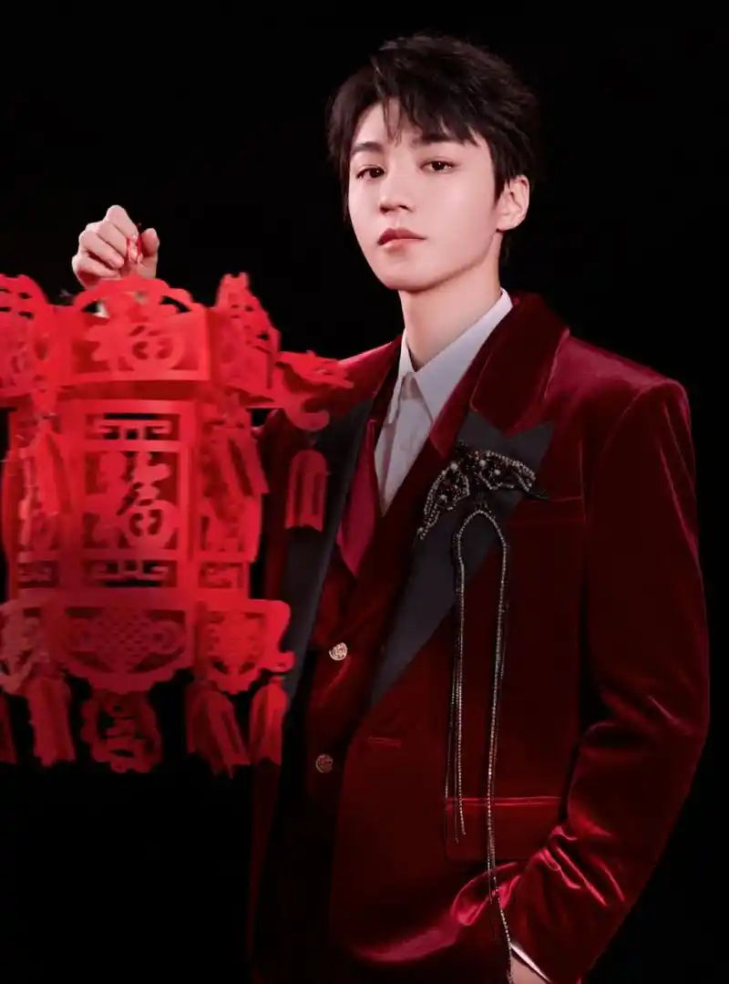 王俊凯一身央视春晚造型,身穿红色丝绒西装,佩戴燕子钻石胸针.