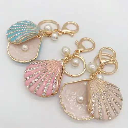 创意金属水钻滴油珍珠仿海滩贝壳钥匙扣汽车包包手机挂饰礼品赠品