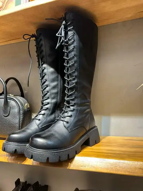 jw头层牛皮高筒靴厚底真皮女靴圆头中跟马丁骑士靴冬款加绒长靴