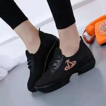 新款厚底布鞋女网面透气舞蹈鞋防滑鞋广场舞蹈鞋健身鞋高跟 1701黑色