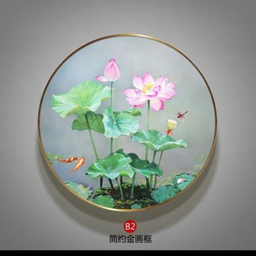 大芬村玄关手绘油画客厅装饰荷花图风水吉祥现代餐厅圆形画