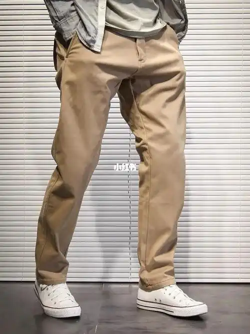 高端休闲裤男修身直筒弹力加绒卡其色长裤子