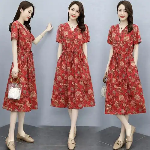 杭州四季青女装素雅订制棉麻连衣裙夏天薄款2022新款有口袋妈妈装