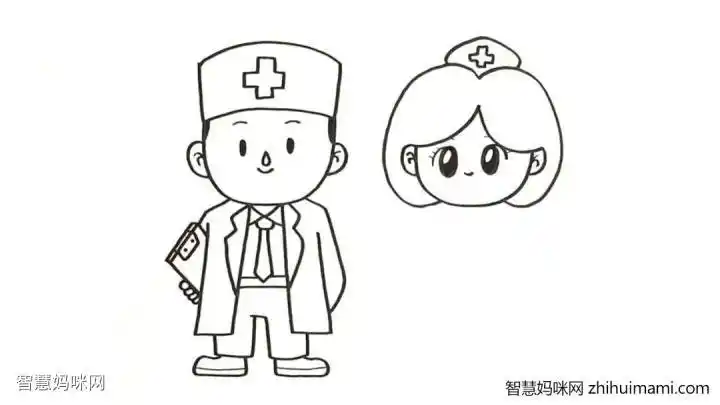 步骤4:画出护士的发型之后再画出帽子,  护士的帽子更小更精致一些