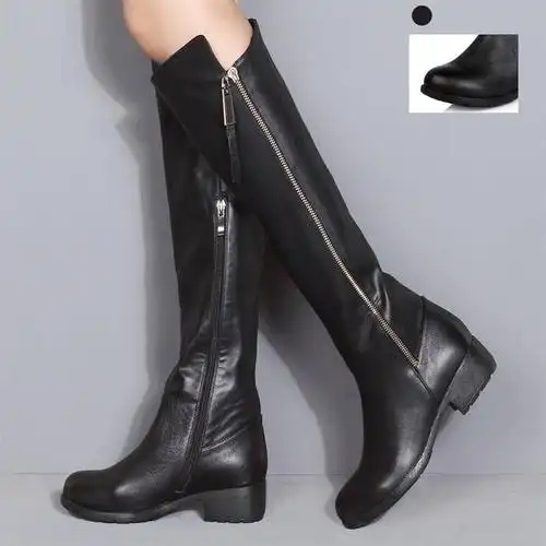 他她冬黑牛皮/黑牛纹弹力pu(绒)女皮长靴11f26dg3英伦拉链流苏军靴