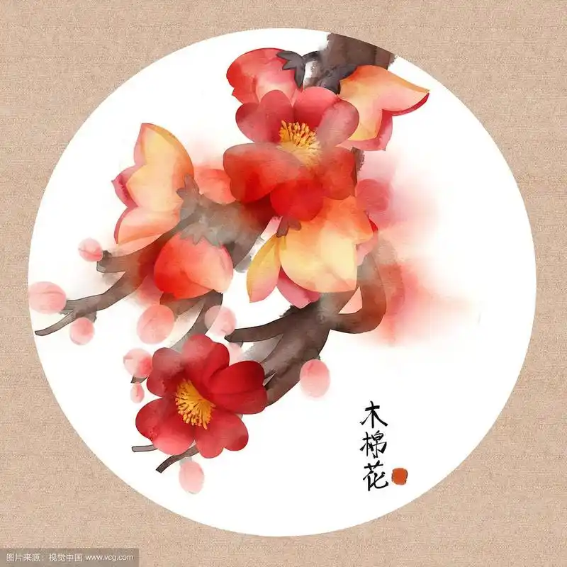 中国风水彩花卉植物木棉花插画
