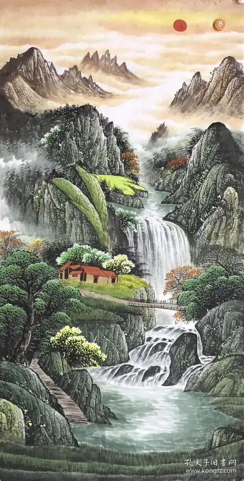 四尺竖幅招财进宝山水画单副